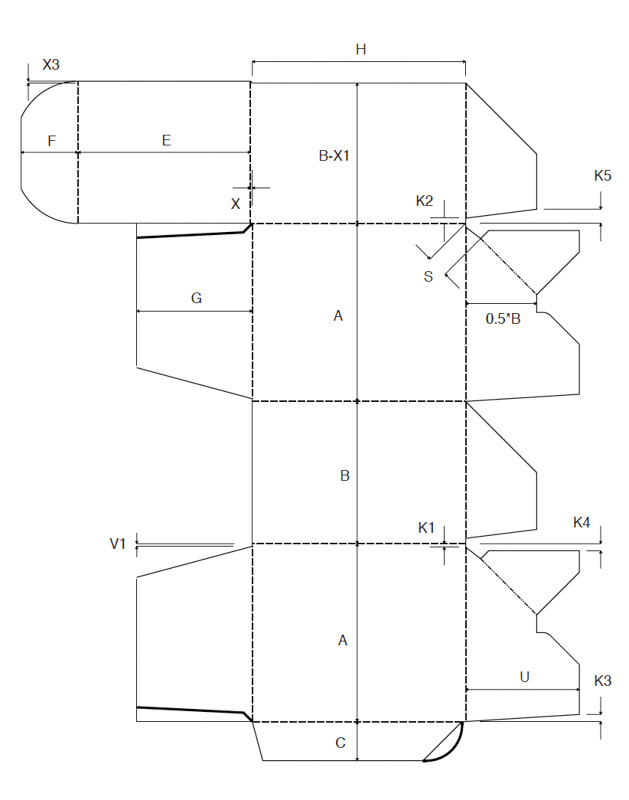 Faltschachtel Verpackung ECMA A6020 6 mit Automatikboden und Staublaschen überlappend technische Zeichnung
